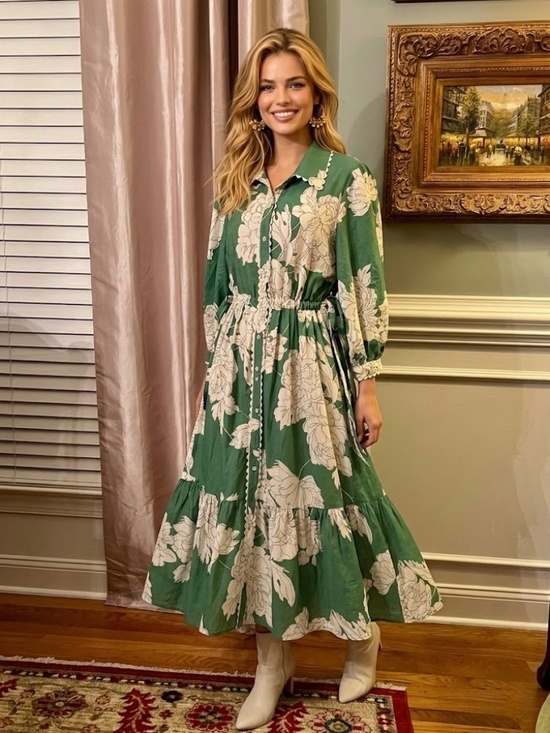 NWT Entro Green Ivory Floral Button Up Meadow Collared Midi Dress Size 1X 1XL - Picture 2 of 5